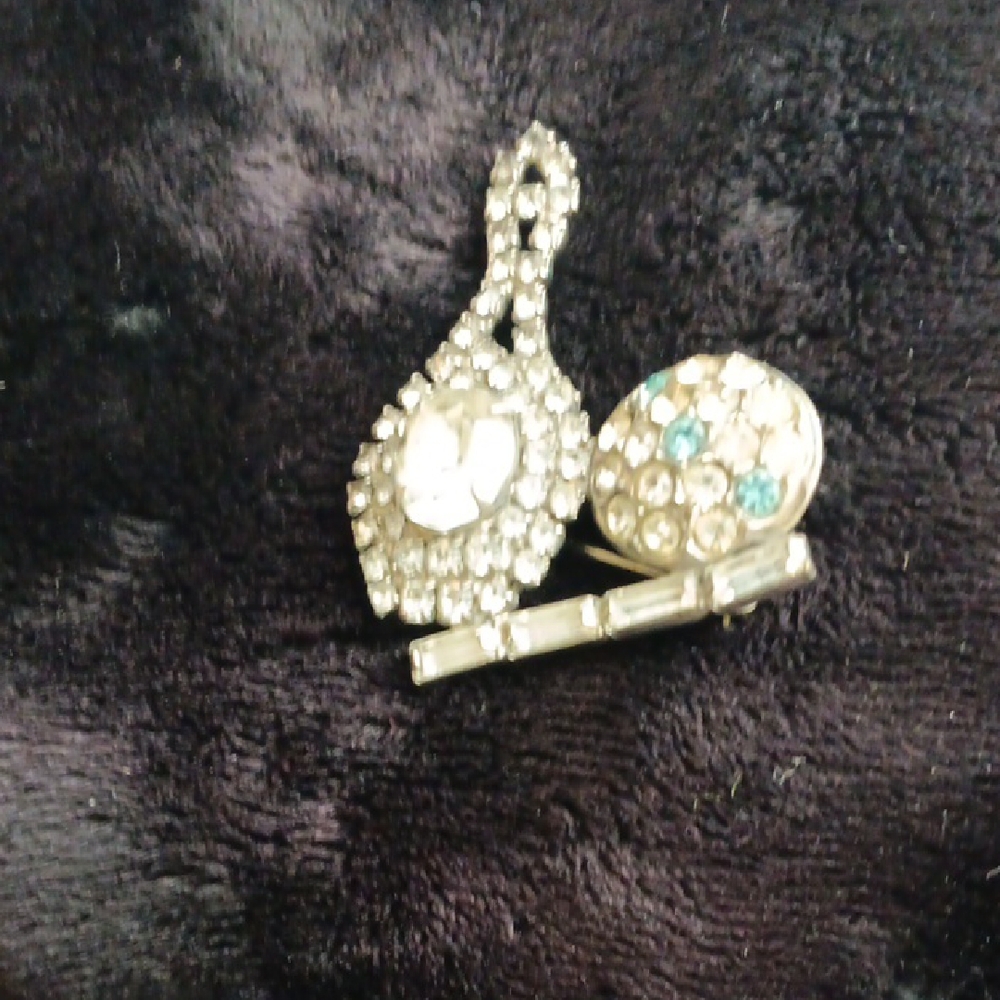 Silver Crystal Brooch with Racket and Ball with Aqua Accents